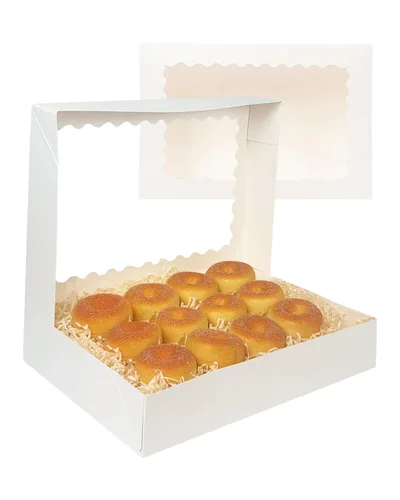 Miniatura 3 de qiqee Caja de galletas blanca desplegable automática con ventana de 14 x 10 x 2.5 pulgadas, 24 piezas, caja de panadería pastelería macaron