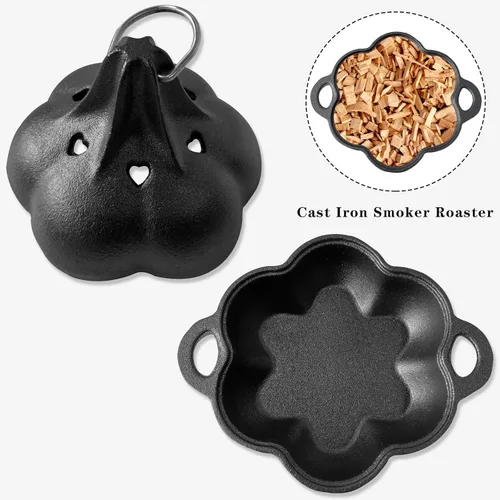 Miniatura 6 de Asador para Ahumar y Tostador de Hierro Fundido & Horno para Ajos, Caja para Ahumar, Asador de Ajos de Hierro Fundido Pre-Curado para Parrilla