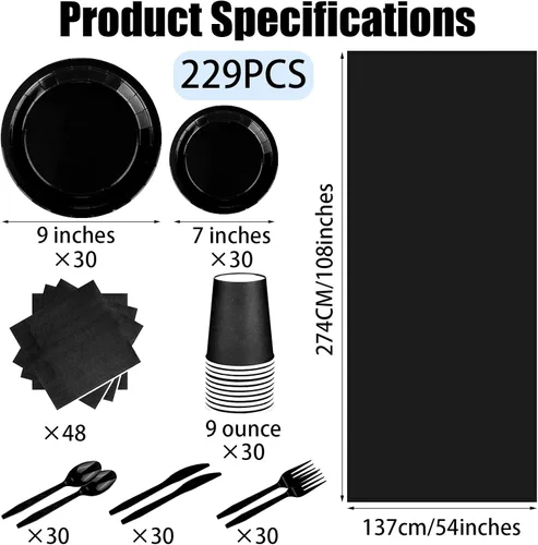 Miniatura 2 de Juego de 229 piezas de suministros de fiesta negros desechables de papel, vasos, cucharas de plástico, tenedores, cuchillos, servilletas negras