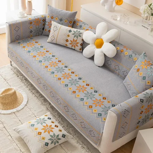 Miniatura 11 de Funda de sofá de chenilla para sofá modular, diseño geométrico bohemio y jacquard antideslizante, protector de muebles para niños, perros y Azul