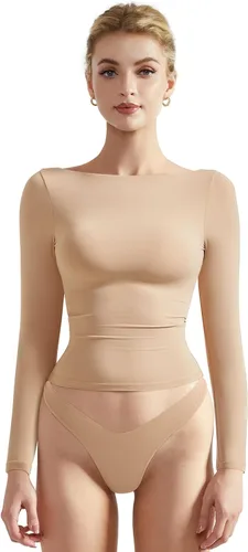 Miniatura 14 de SUUKSESS Camiseta de mujer con cuello redondo, manga larga, doblemente forrada, ajustada y corta