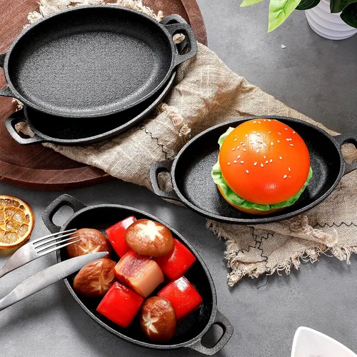 Miniatura 3 de Mifoci Paquete de 8 mini fajitas de hierro fundido, 7.1 x 4.7 pulgadas, sartén ovalada para carne, juego de moldes pequeños, cacerola negra