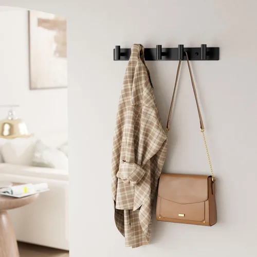 Miniatura 3 de GWAAZXGZ Perchero negro montado en la pared, 5 clavijas en forma de T para sombreros, bolsas y toallas, riel de metal resistente para entrada, baño