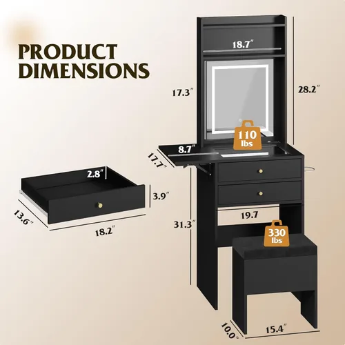 Miniatura 7 de WLIVE Pequeño escritorio negro con espejo y luces, juego de tocador de maquillaje compacto con panel plegable y silla, tocador con estación de carga