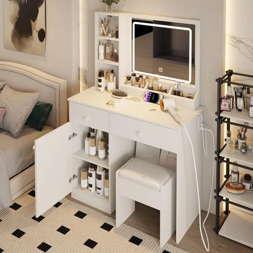 Escritorio de maquillaje con espejo y luces, juego de mesa de tocador con cajón de almacenamiento y silla y 3 estantes, 3 colores de iluminación,