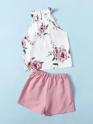 Miniatura 2 de WDIRARA Conjunto de 2 piezas para niña con estampado floral cuello halter y pantalones cortos