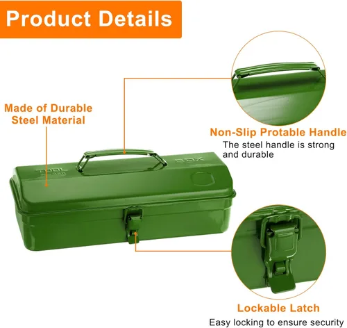 Miniatura 4 de HARFINGTON Caja de Herramientas 14.2" Caja de Herramientas de Acero Portátil Estilo Techo de Cadera con Cierre de Pestillo de Metal Cofre de Verde