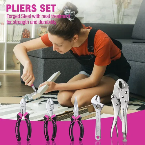 Miniatura 4 de ValueMax Kit de herramientas rosa, juego de herramientas de reparación del hogar de 218 piezas, kit de herramientas para el hogar con bolsa