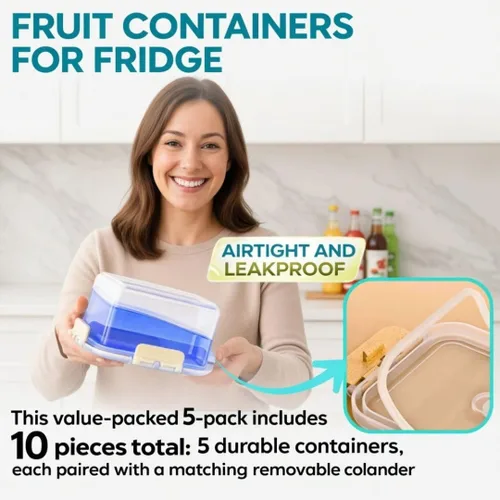 Miniatura 7 de Recipientes de frutas para refrigerador que se mantienen frescos, paquete de 5 recipientes de almacenamiento de productos sin BPA con colador Crema