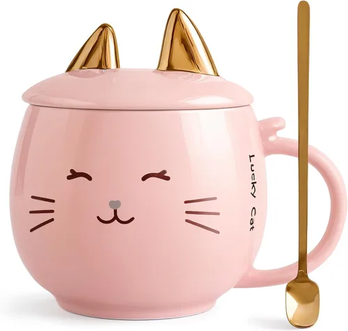 Miniatura 9 de Yuwu Taza de café de cerámica con cuchara y tapa, taza de 13.5 onzas con tapa de soporte para teléfono, bonita taza de té para mujeres y entusiastas