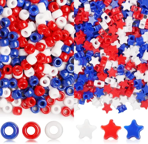 2400Pcs Red White and Blue Pony Beads (6x9mm), Plastic Independence Day Star Beads for DIY Crafts Making, 4th of July Large Hole Pony Beads Bulk,