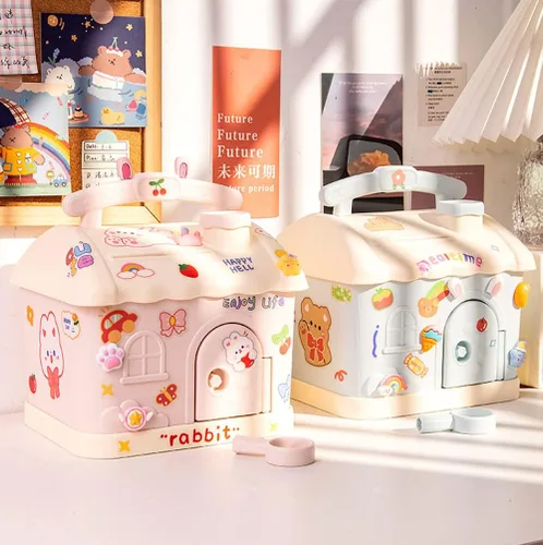 Miniatura 6 de Alcancía Kawaii con calcomanías y parches, banco de dinero Kawaii para papel y monedas, bonita caja de almacenamiento de artículos para la escuela