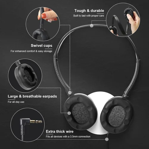 Miniatura 3 de Flutesan Paquete de 30 auriculares con cable, auriculares ajustables en la oreja con estéreo, auriculares para escuelas, laptop, viajes, avión, Negro