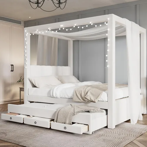 Miniatura 9 de Bellemave Base de cama con dosel de tamaño individual con cabecera tapizada princesa, nido doble extraíble y 3 cajones de almacenamiento, cama