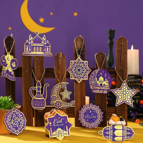 Miniatura 4 de Panelee 36 adornos de Ramadán para árbol Eid Mubarak decoración colgante de madera de castillo, faroles de estrella, luna, decoración islámica