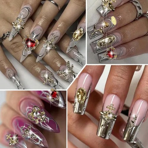 Miniatura 5 de COOSLIM 2 cajas de aretes de acero para verano, perlas de metal, gemas para uñas, conchas doradas, estrellas de mar, aleación de caballito de mar