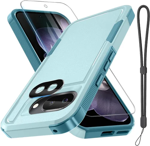 Miniatura 40 de Funda para Google Pixel 10 Pro XL con correa para la muñeca + protector de pantalla de vidrio templado + cubierta para lente de cámara, cuerpo Verde