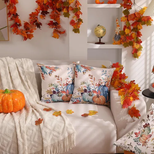 Miniatura 3 de DFXSZ Fundas de almohada de otoño de 16 x 16 pulgadas, juego de 2 fundas decorativas de otoño de hojas caídas de calabaza en acuarela azul y verde