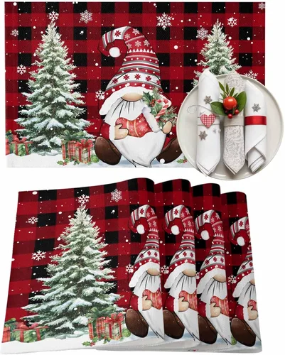 Miniatura 14 de Juego de 4 manteles individuales de árbol de Navidad, mantel rojo para decoración de mesa de comedor, manteles lavables de lino de algodón a cuadros