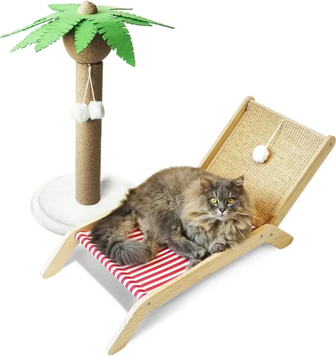 Miniatura 10 de PETKARAY Silla de playa para gatos, camas elevadas para gatos de interior, tumbona acogedora original con rascador de sisal y pelota de juguete Azul