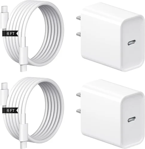 Cargador de carga rápida para iPhone 17, 16, 15, paquete de 2+2 cargadores de pared USB C de 20 W con cable de carga rápida de 6 pies compatible con
