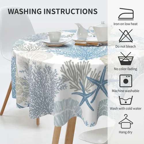 Miniatura 4 de Mantel náutico costero redondo de 60 pulgadas para verano, playa, estrella de mar, coral, conchas marinas, mantel decorativo con tela impermeable