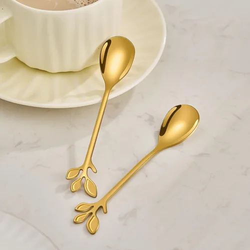 Miniatura 4 de AnSaw Elegantes Cucharones de Café con Hoja de Oro - Juego de 10 Piezas, 4.7" Mini Cucharones de Acero Inoxidable para Espresso y Postre, Perfectos