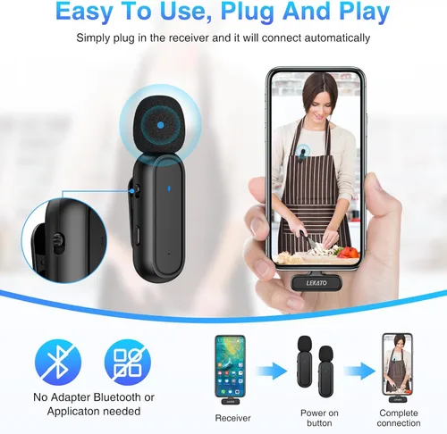 Miniatura 3 de LEKATO Micrófono Lavalier inalámbrico para teléfono Android con USB-C, paquete de 2 micrófonos inalámbricos con estuche de carga, micrófono