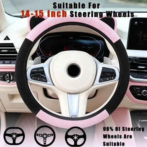 Miniatura 6 de Steering Wheel Cover with Ears Keychain Fit 14-15 inch Black Pink Cute Ears Car Steering Wheel Covers for Women Girls Elastic Breathable Steering