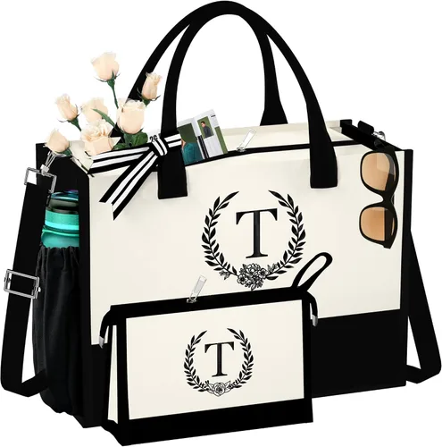 Bolsa de lona con inicial, bolsa de maquillaje, bolsa de playa con cremallera, regalos personalizados para el día de la madre para mamá y abuela