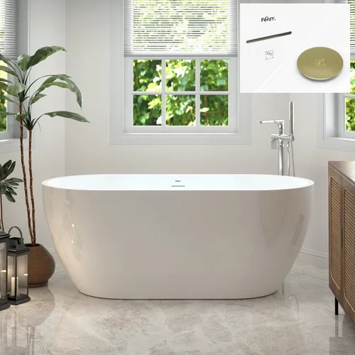 Miniatura 23 de FerdY 59" Bañera de acrílico independiente Bali Elite, bañera independiente de inmersión con forma elegante, certificada cUPC, desagüe negro Toe-Tap