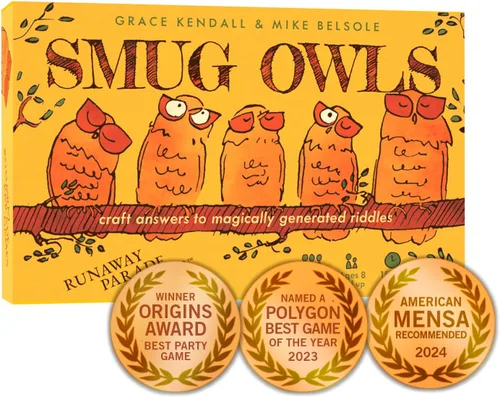 Runaway Parade Games Juego de cartas Smug Owls, un juego de fiesta galardonado divertido y creativo para resolver acertijos para niños y adultos |