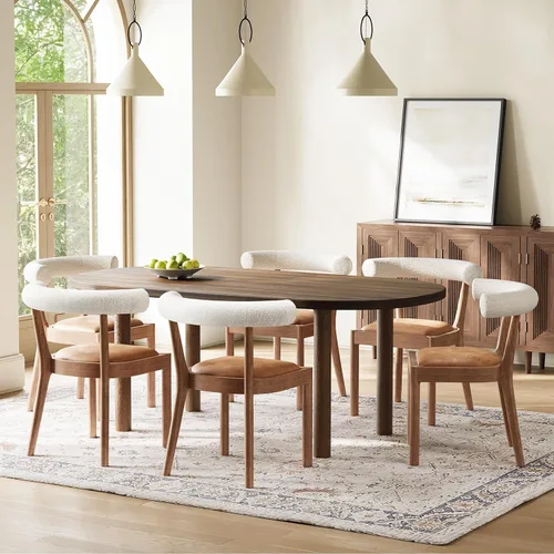 Miniatura 14 de Kmax Sillas de comedor de mediados de siglo, sillas de cocina de tela moderna con marco con acabado de nogal natural, respaldo curvado de lino, beige
