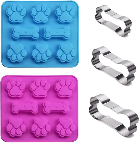 Juego de 5, moldes de silicona en forma de pata y hueso de cachorro y perro 2 en 1 y cortador de galletas de hueso de acero inoxidable, para Azul y