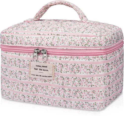 Gosect Bolsa de maquillaje grande, bonita bolsa de cosméticos para mujeres y niñas, bolsa de aseo estética de coqueta floral, bolsa organizadora de