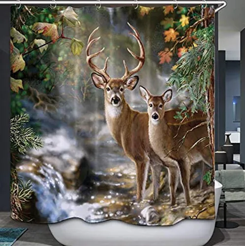 Cortina de ducha de ciervos, cortina de ducha de tela impermeable de animales salvajes de bosque otoñal, 12 ganchos, cortina de baño decorativa en