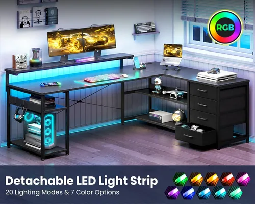 Miniatura 4 de AODK - Escritorio en forma de L de 61" con cajón, escritorio para computadora con tomas de corriente y luces LED, escritorio de esquina reversible