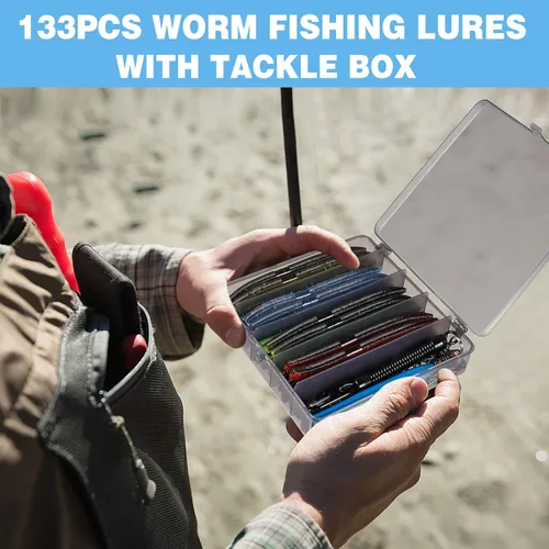 Miniatura 6 de PLUSINNO - Kit de señuelos de pesca Wacky Worm, señuelos de pesca de plástico suave, cebos de lombrices para anzuelo, aparejo loco para pesca de Kit