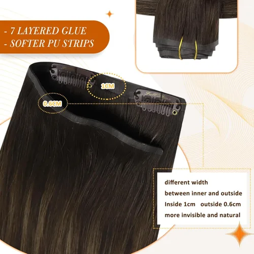 Miniatura 5 de Full Shine - Extensiones de cabello con clip balayage, color marrón oscuro a marrón claro con mechas rubio caramelo, cabello humano Remy con trama