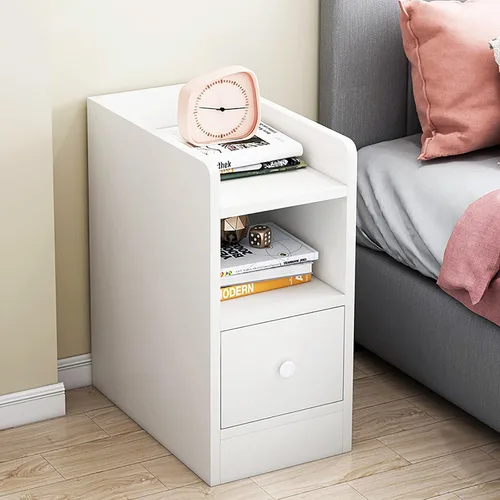 HM&DX Mesita de noche de madera con cajón de almacenamiento y estante abierto, moderna mesita de noche blanca lateral estrecha, mesita de noche alta