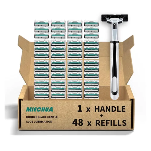 Maquinillas de afeitar para hombres, cartuchos de afeitar de 2 hojas para hombre, incluye 1 mango y 48 cabezales de afeitar reemplazables, con tira