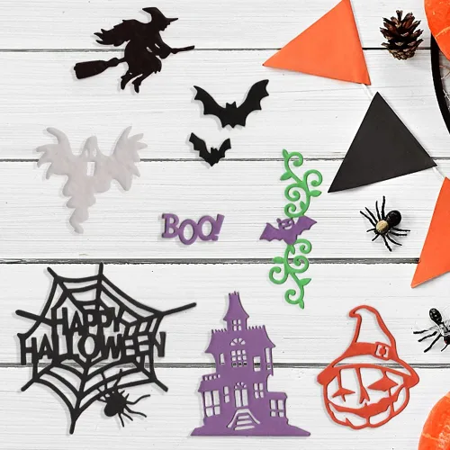 Miniatura 4 de Troqueles de corte de fantasma de Hello Halloween, marco de ventana de hoja de calabaza de murciélago troquelado, plantilla de metal para hacer