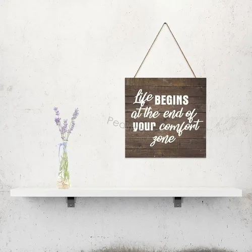 Miniatura 4 de PEALRICH Letrero colgante de madera con cita motivacional "Life Begins At The End Of Your Comfort Zone", placa artística para decoración de pared