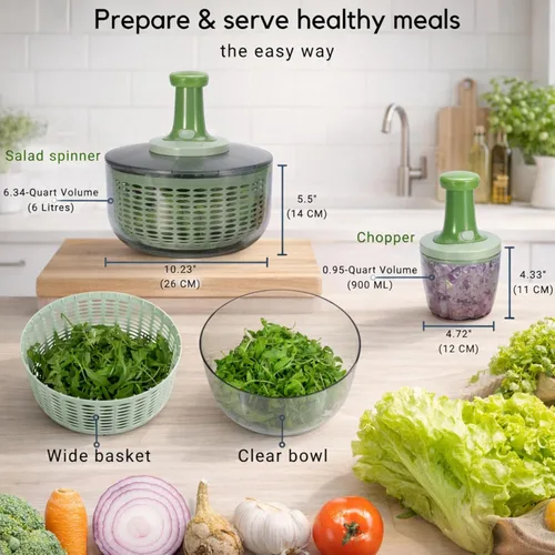 Miniatura 6 de Brieftons Ensalada Spinner y Chopper: Grande 6.3-Qt lechuga Verduras Lavadora Secadora, 0.95-Qt Chopper Mezclador, Almacenamiento compacto, Fácil