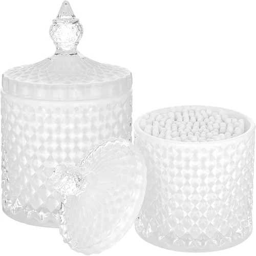 Miniatura 15 de Paquete de 2 Portacotonetes Frascos de Boticario de Vidrio Grueso con Tapa para Decoración de Baño Organizador de Almacenamiento para Hisopos