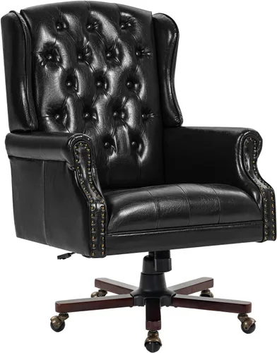 Miniatura 3 de ECOTOUGE Silla de escritorio ejecutiva mejorada 2026, silla de oficina en casa con respaldo de alas de cuero con ribete de cabeza de clavos y Negro