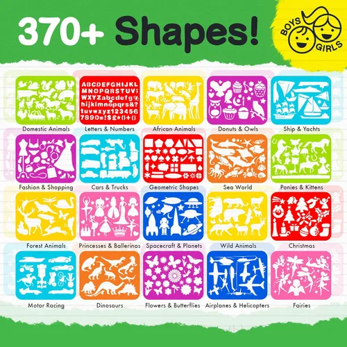 Miniatura 3 de Kit de plantillas de dibujo para niños, juego de 60 piezas de arte con más de 370 formas, bloc de bocetos y lápices de colores para manualidades