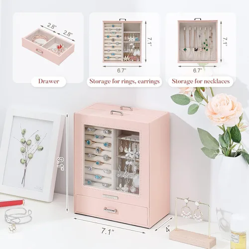 Miniatura 4 de Homde Organizador de joyas para niñas y mujeres, joyero para collares, anillos, aretes, estuche de almacenamiento de joyas (rosa melocotón)