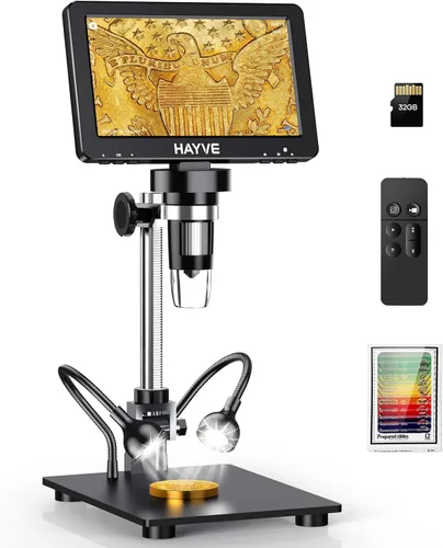 Microscopio digital HDMI de 7 pulgadas, microscopio de moneda 1200X con pantalla IPS, microscopio de soldadura de 16MP con luces, soporte largo de