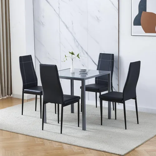 Miniatura 13 de Juego de 4 mesas de comedor y sillas de comedor de cristal negro de 5 piezas, moderna mesa cuadrada de cocina pequeña y 4 sillas de comedor que